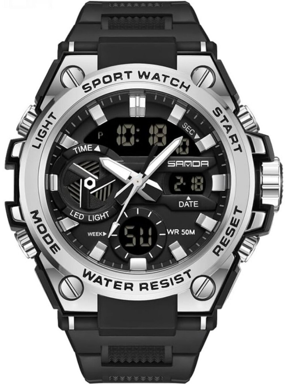 Mens Black Silver Analog Quartz Sport Waterproof Military Tactical Digital Watch